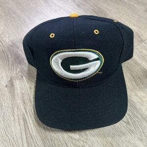 VTG Green Bay Packers Old‎ English Snapback Hat NFL Drew Pearson Black Wool Cap